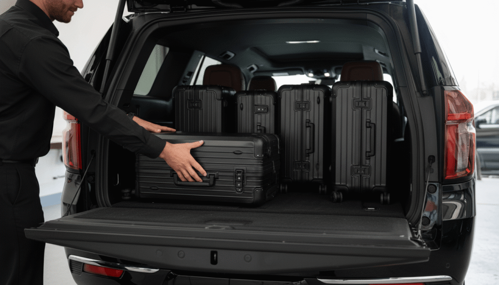Chevy Suburban trunk space fitting 6 suitcases for family airport transfer to Franklin.