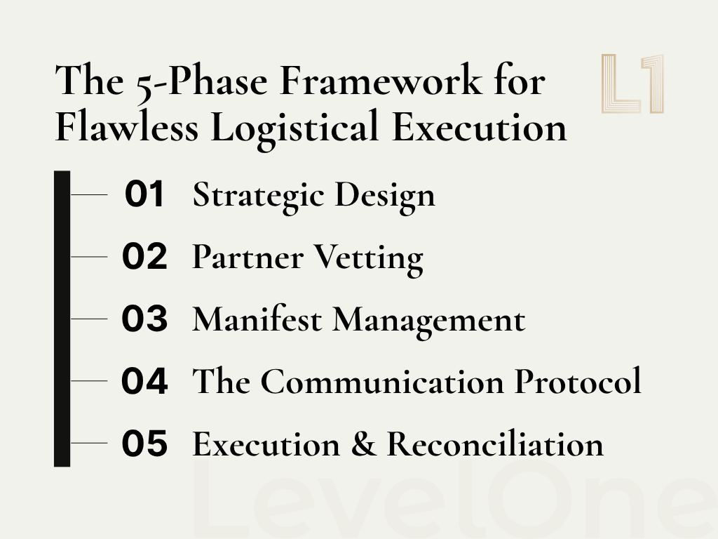 A minimalist infographic illustrating the 5-phase framework for flawless logistical execution.