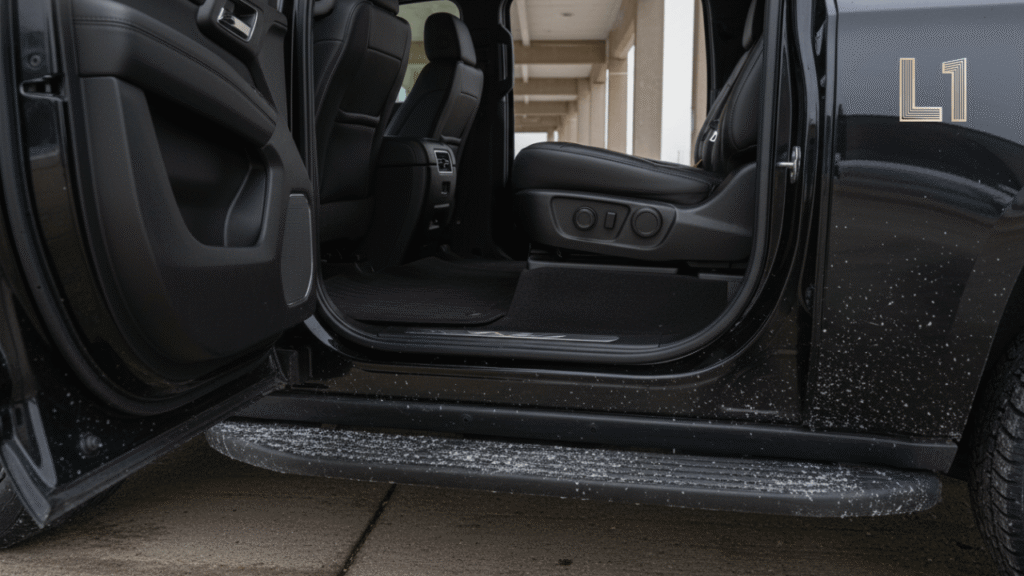 Level One Transportation heavy-duty fleet including GMC Yukon and Ford Expedition, inspected for winter safety and corporate duty of care compliance. corporate car service nashville