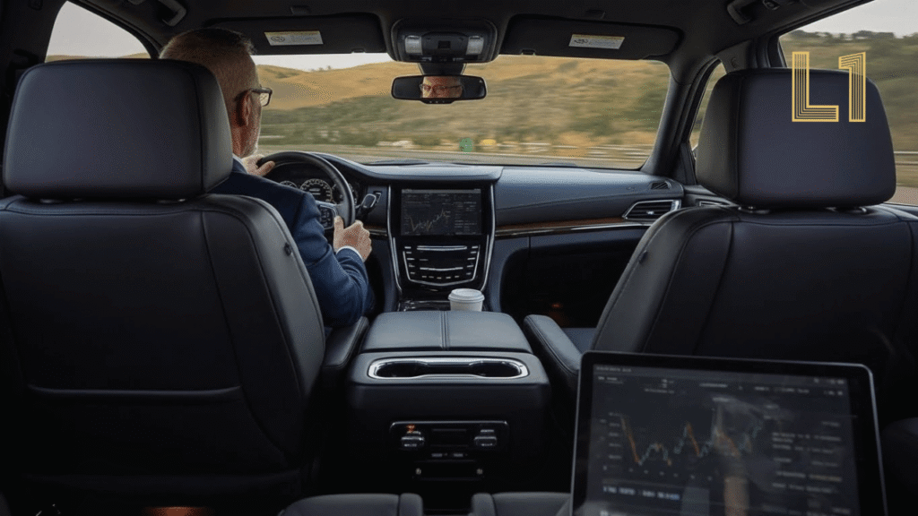 Spacious leather interior of a Level One private SUV, offering a quiet workspace for executive travel from Franklin to Nashville Airport.