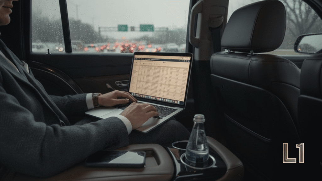 Interior of a luxury Cadillac Escalade with captain seating and workspace, providing a sterile mobile office environment for C-Level executives in Nashville.