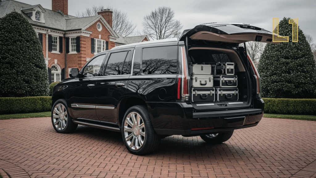 Chauffeur loading luggage into a Chevrolet Suburban outside a Franklin residence, demonstrating direct door-to-terminal airport service without stops.