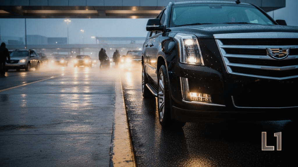 Level One Transportation black Chevrolet Suburban SUV waiting curbside at Nashville International Airport (BNA) for executive pickup during winter conditions.