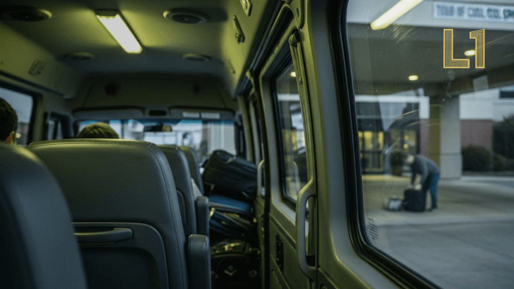 Passengers waiting inside a cramped shared airport shuttle in Franklin TN, illustrating time delays compared to private car service. Shuttle from Franklin TN to Nashville Airport