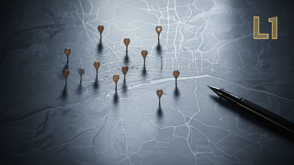 Map highlighting Level One Transportation service areas in Brentwood TN, including Maryland Farms, Governors Club, and the route to Nashville International Airport (BNA).