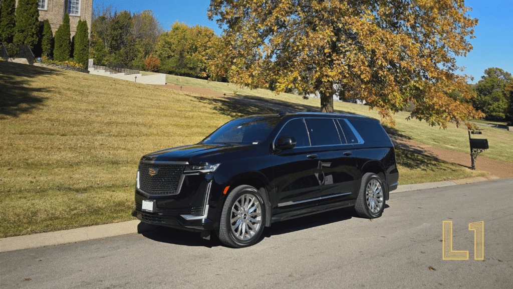 Luxury Cadillac Escalade ESV trunk capacity for golf clubs and road cases at Atlantic Aviation Nashville, configured for executive roadshows. private jet chauffeur nashville