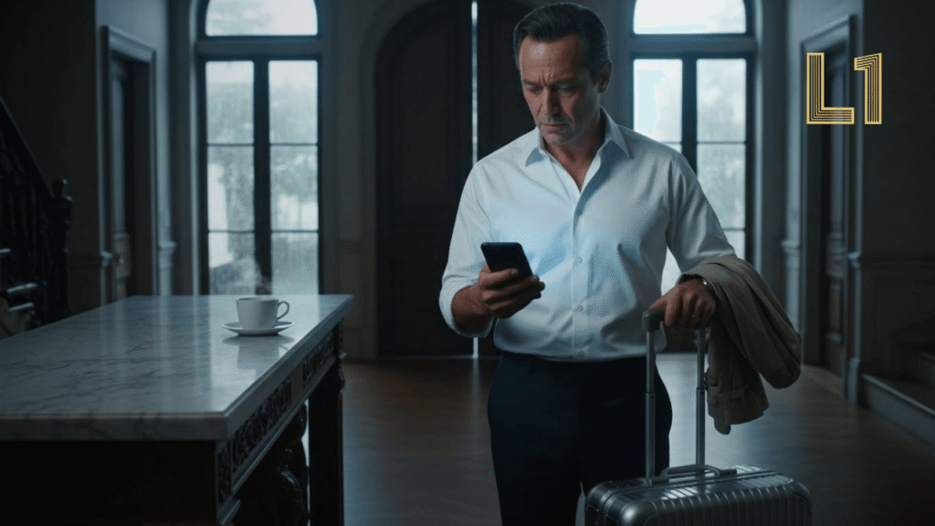 Anxious business traveler checking smartphone at 4:45 AM due to ride-share app delay or cancellation before a flight from Nashville BNA.