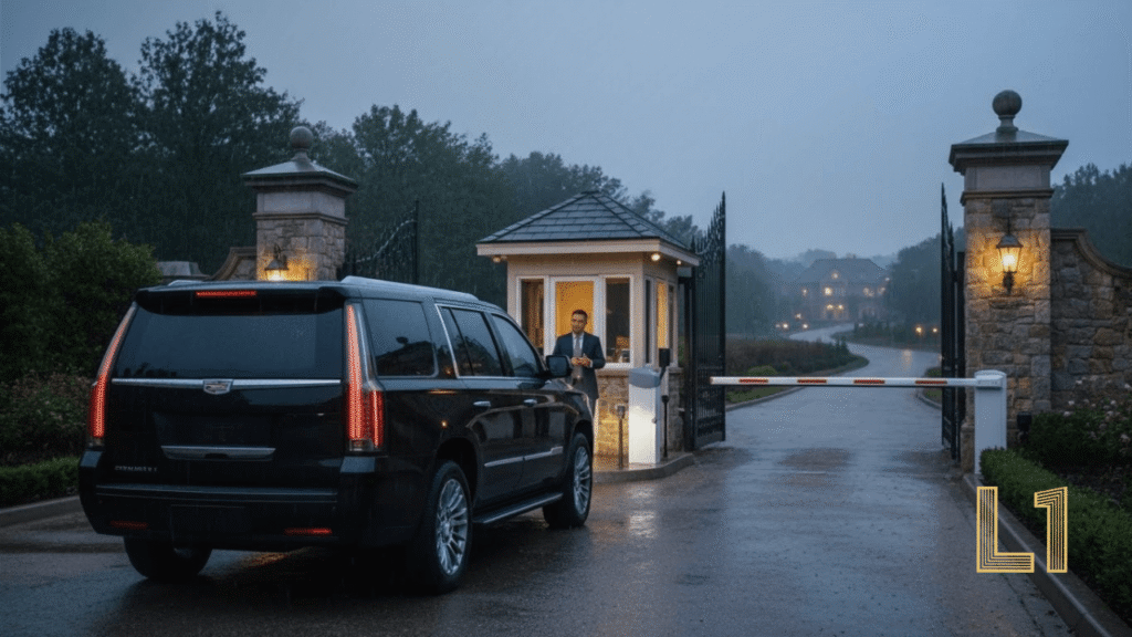 Level One Transportation black SUV clearing security protocols at a gated community entrance in Williamson County, interacting professionally with guard staff.